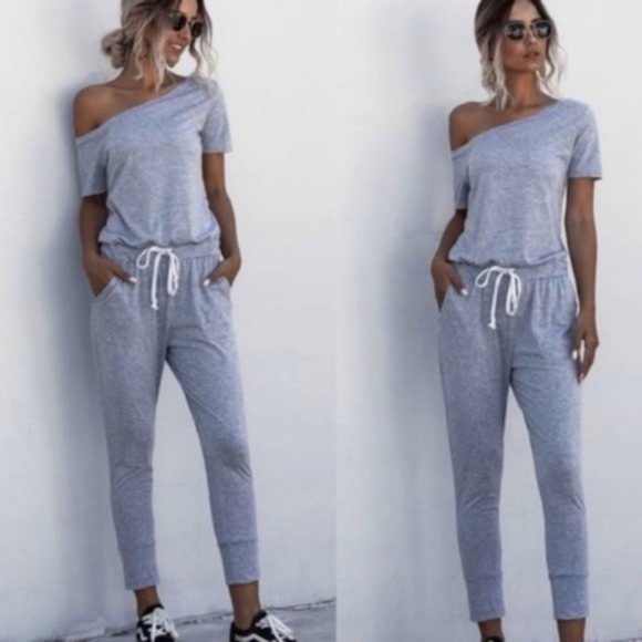 Pants - IN STOCK - EMILIE Off Shoulder Grey Jumpsuit